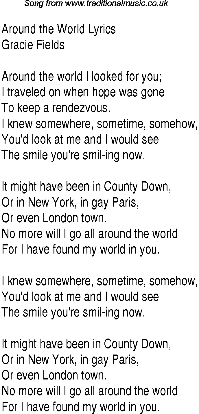 1940s top songs - lyrics for Around The World(Gracie Fields)