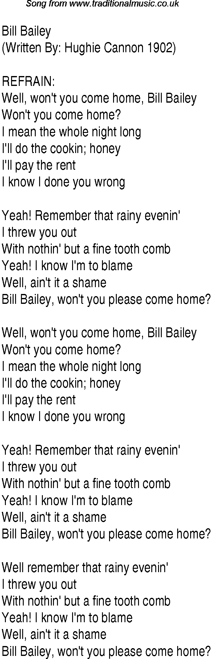 1940s top songs - lyrics for Bill Bailey
