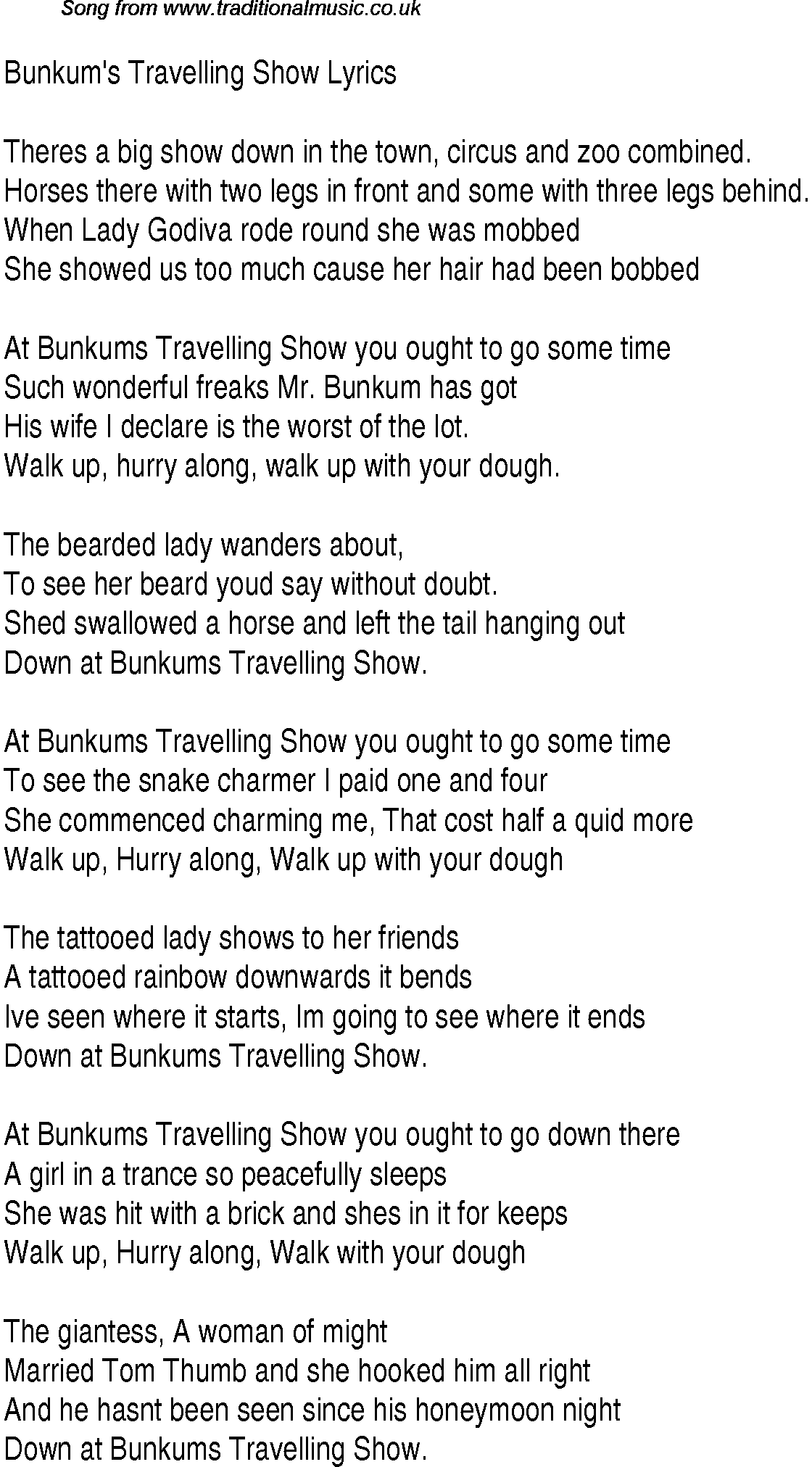 1940s top songs - lyrics for Bunkums Travelling Show(George Formby)