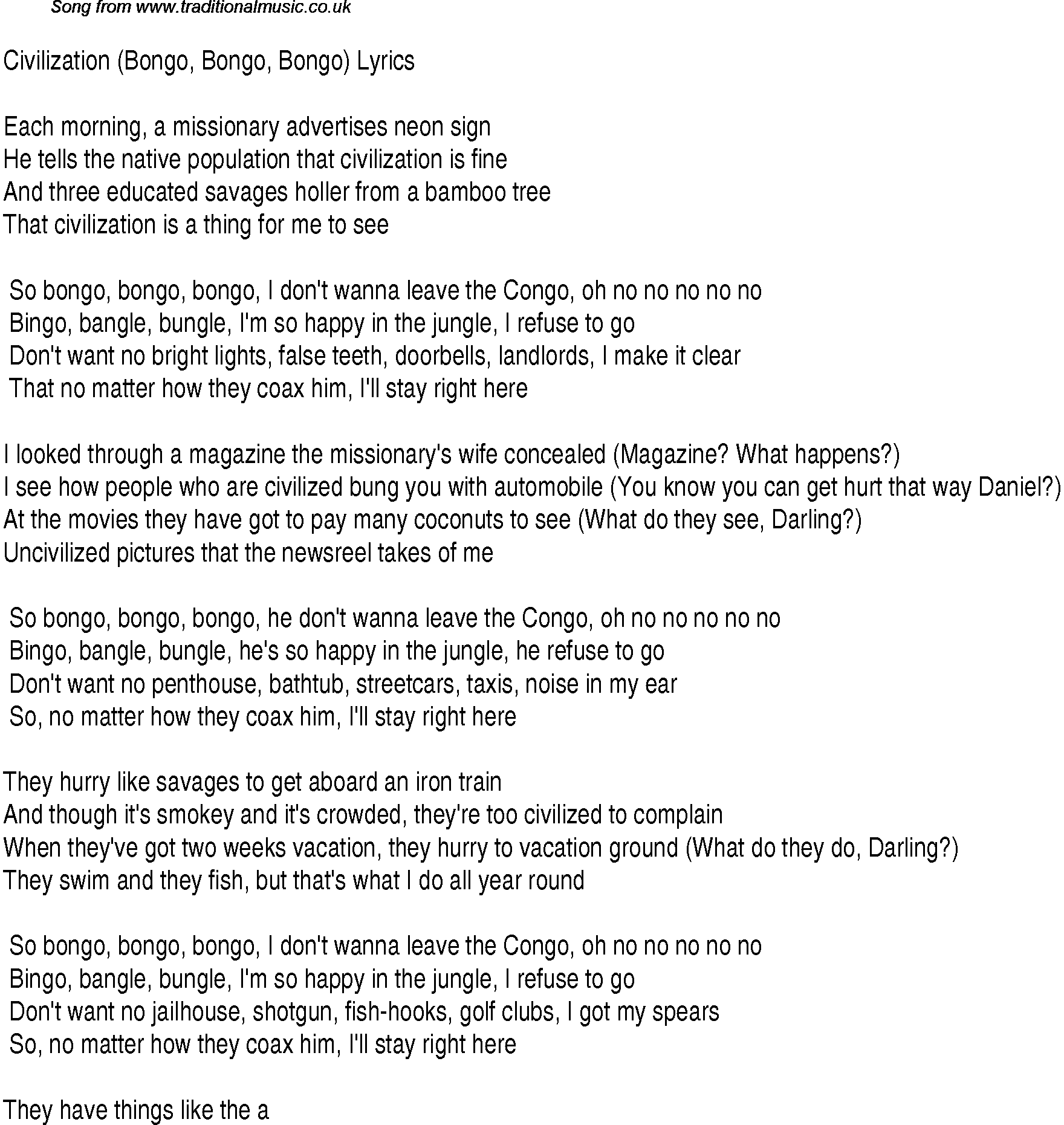 1940s top songs - lyrics for Civilization Bongo Bongo Bongo(Andrews Sisters)