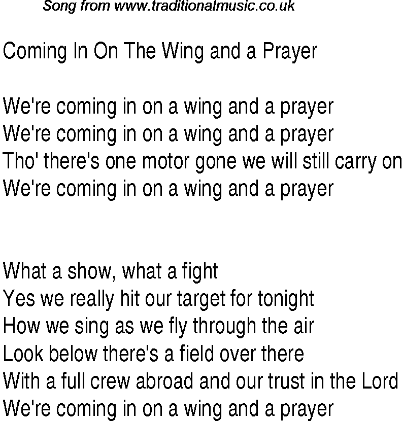 1940s top songs - lyrics for Coming In On The Wing And A Prayer
