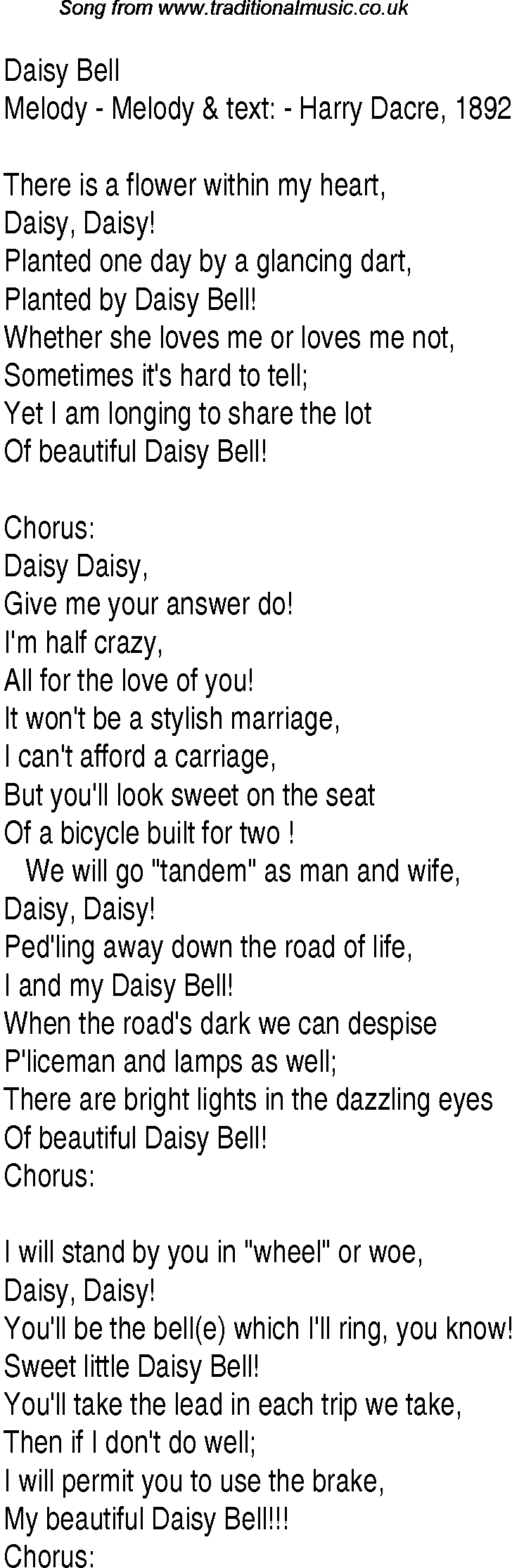 1940s top songs - lyrics for Daisy Bell