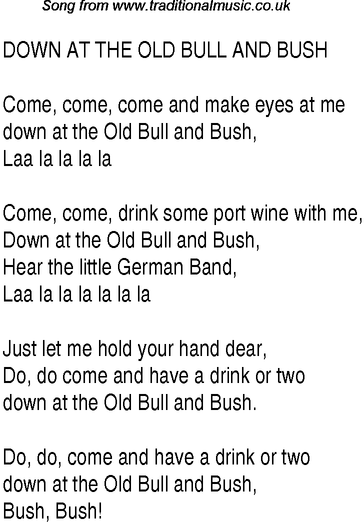 1940s top songs - lyrics for Down At The Old Bull And Bush