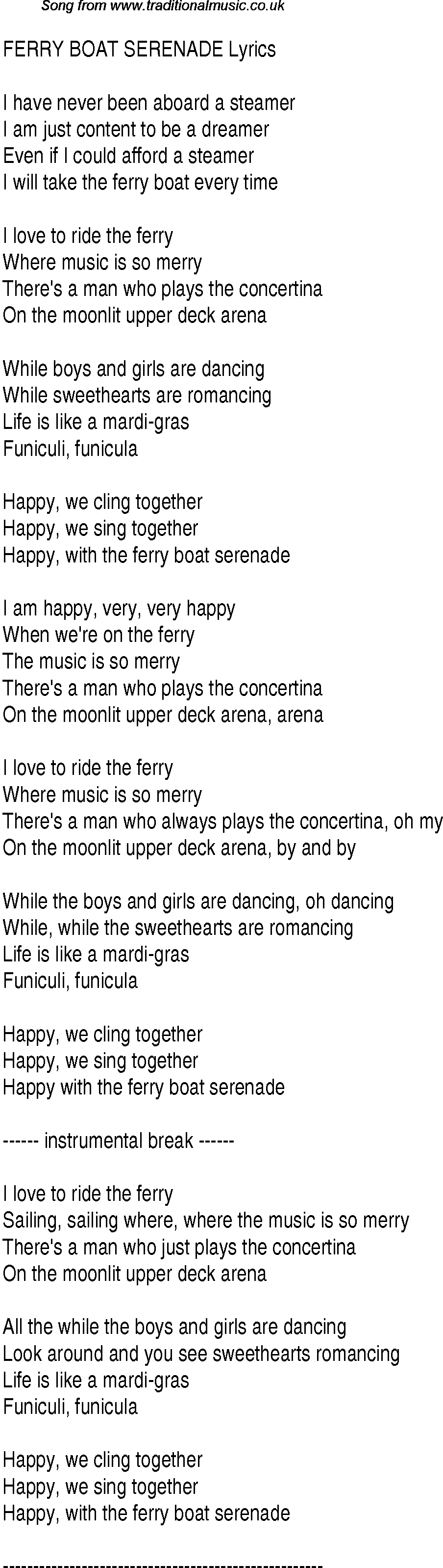 1940s top songs - lyrics for Ferry Boat Serenade(Andrews Sisters)