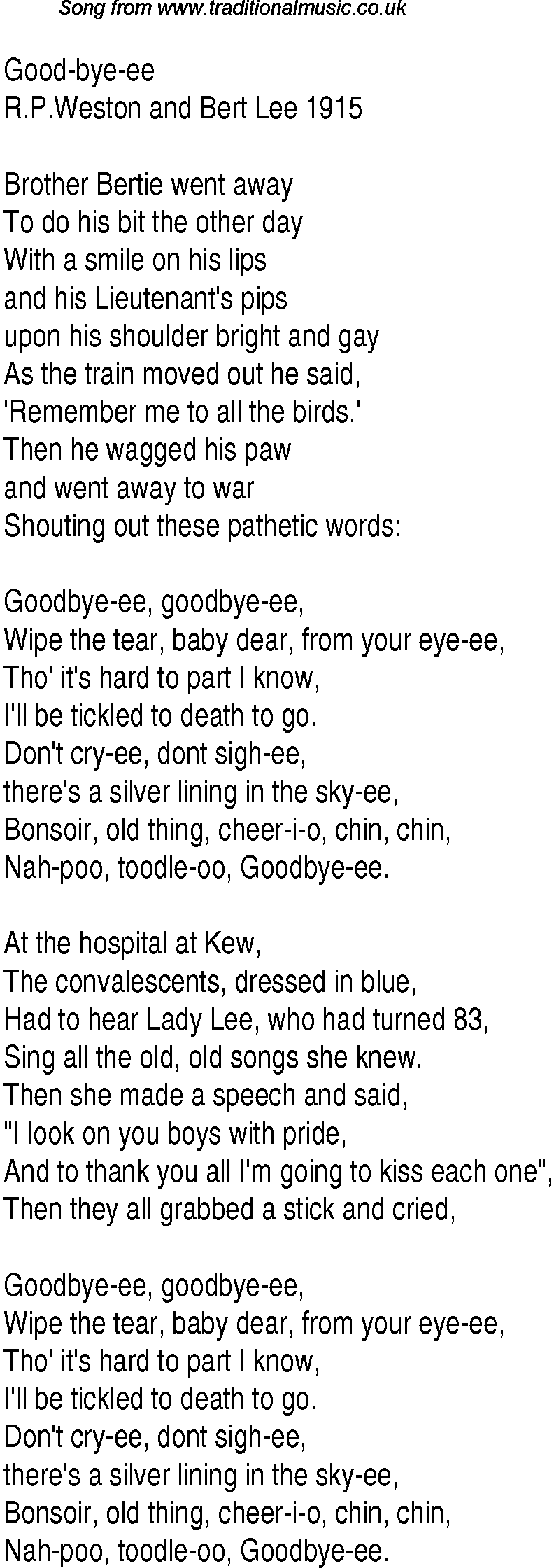1940s top songs - lyrics for Good Bye Ee