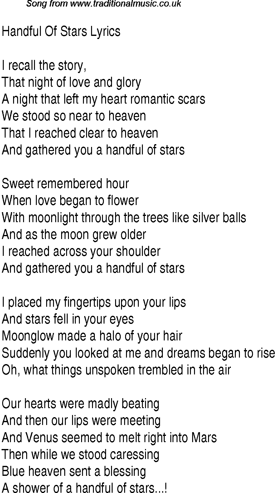 1940s top songs - lyrics for Handful Of Stars(Glen Miller)