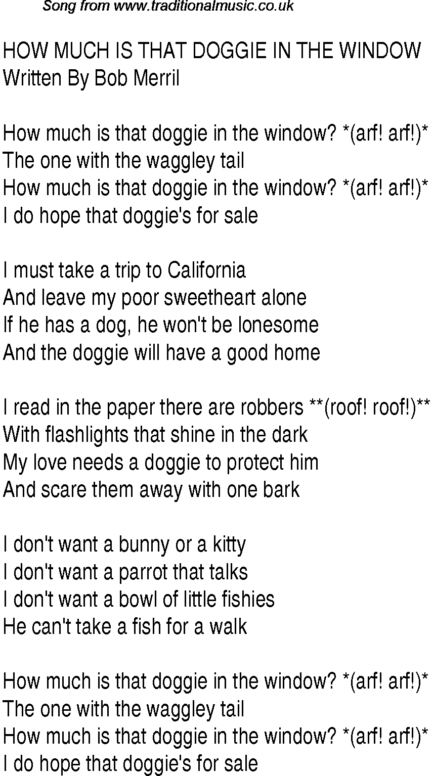 1940s top songs - lyrics for How Much Is That Doggie In The Window