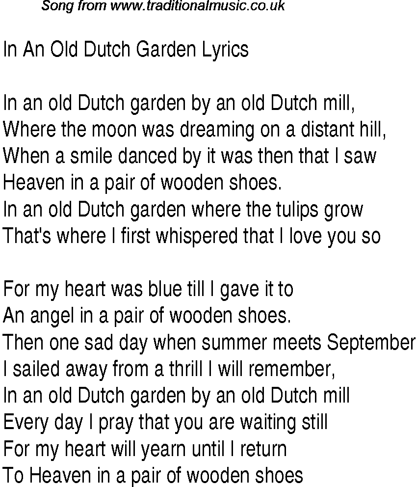 1940s top songs - lyrics for In An Old Dutch Garden(Glen Miller)