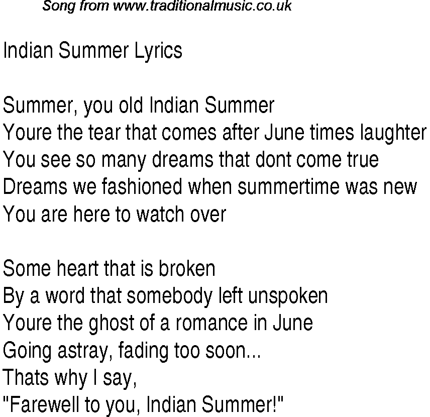 1940s top songs - lyrics for Indian Summer(Glen Miller)