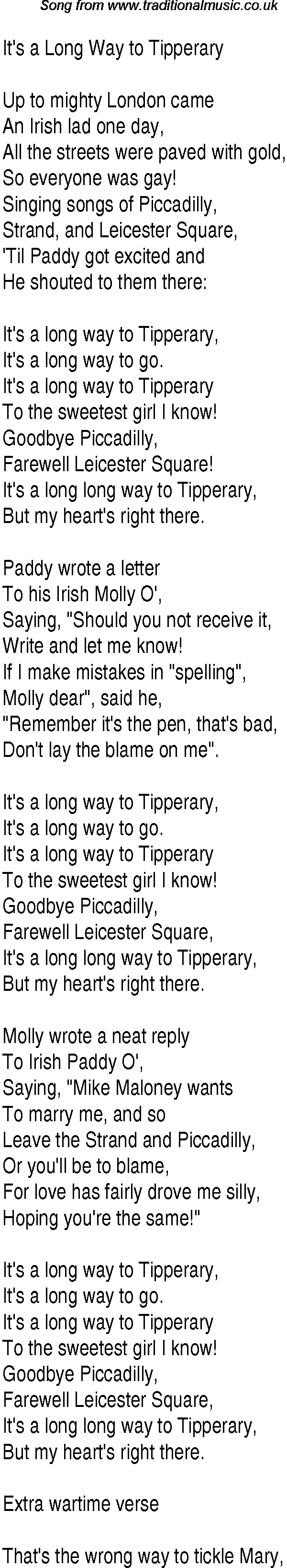 1940s top songs - lyrics for It's A Long Way To Tipperary