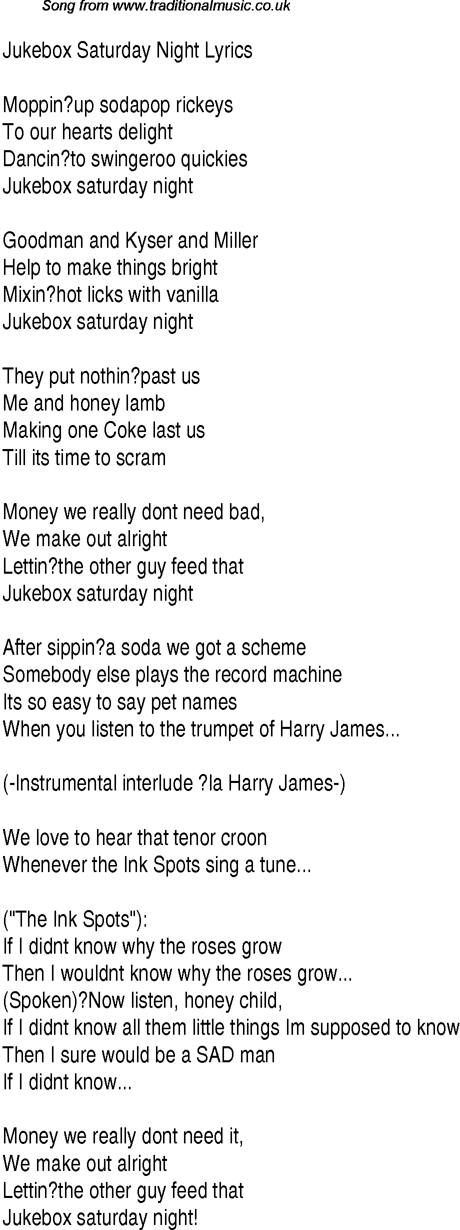 1940s top songs - lyrics for Jukebox Saturday Night(Glen Miller)