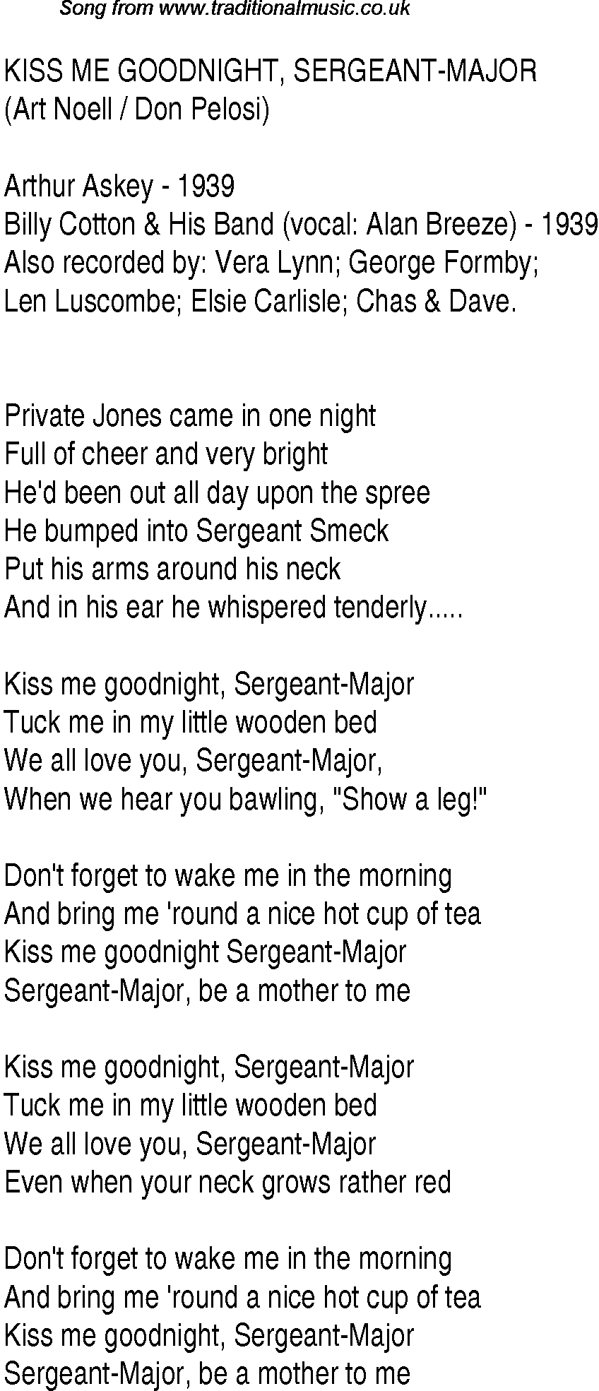 1940s top songs - lyrics for Kiss Me Goodnight, Sergeant Major