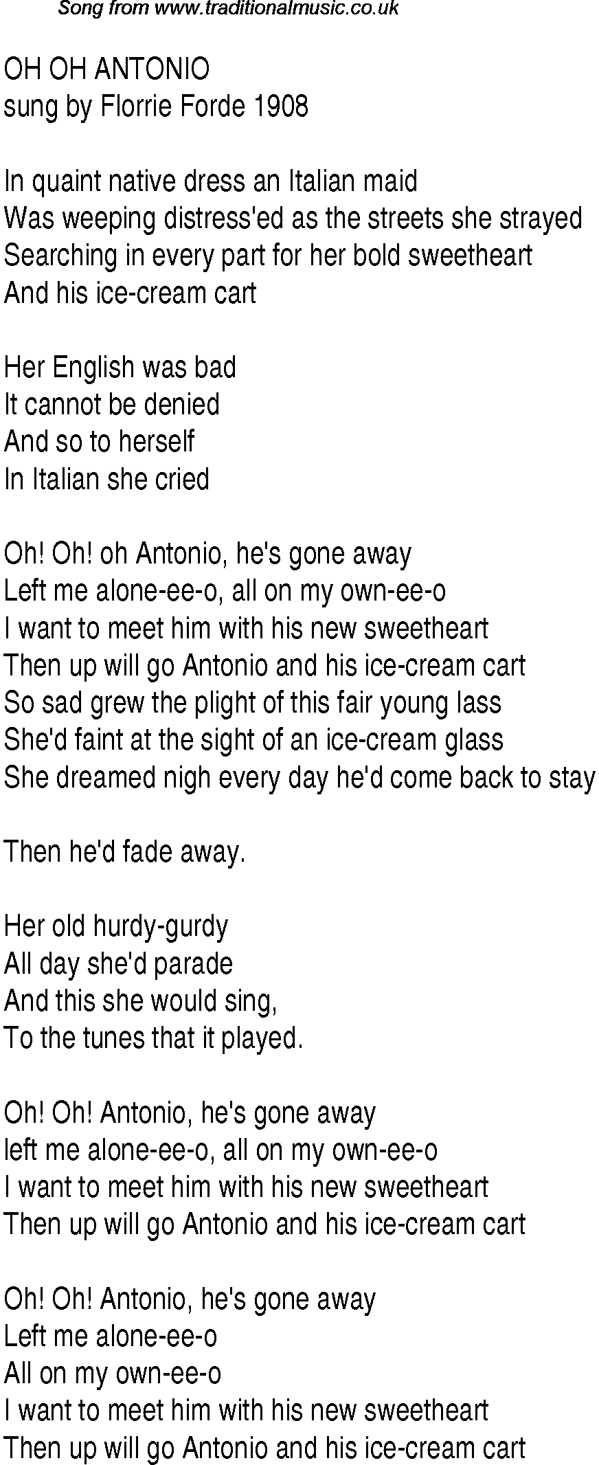 1940s top songs - lyrics for Oh Oh Antonio