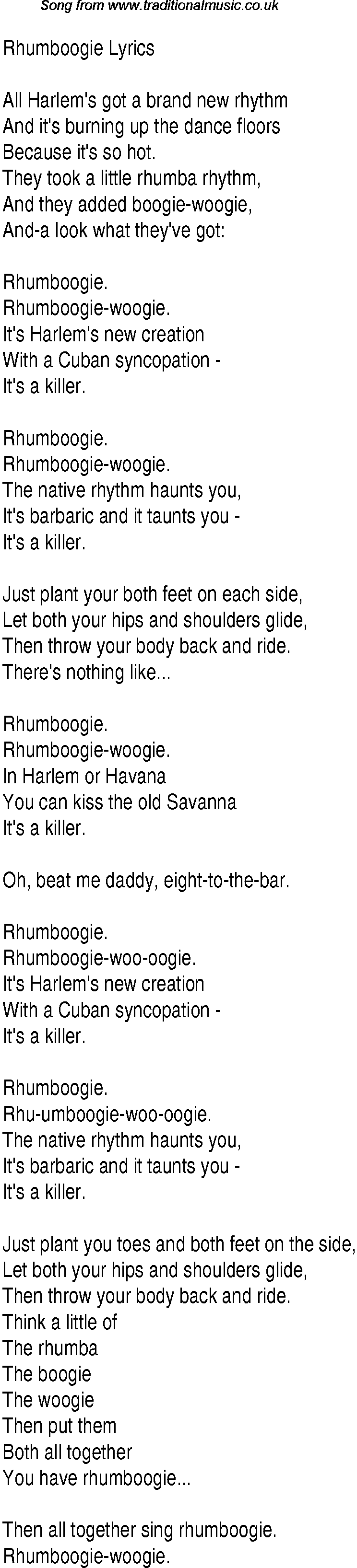 1940s top songs - lyrics for Rhumboogie(Andrews Sisters)