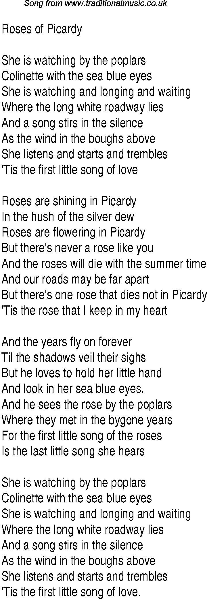 1940s top songs - lyrics for Roses Of Picardy