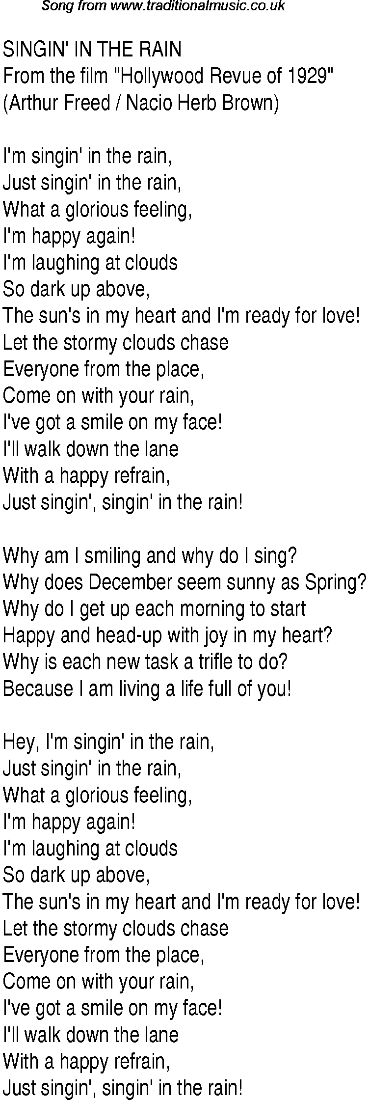 1940s top songs - lyrics for SINGIN' IN THE RAIN