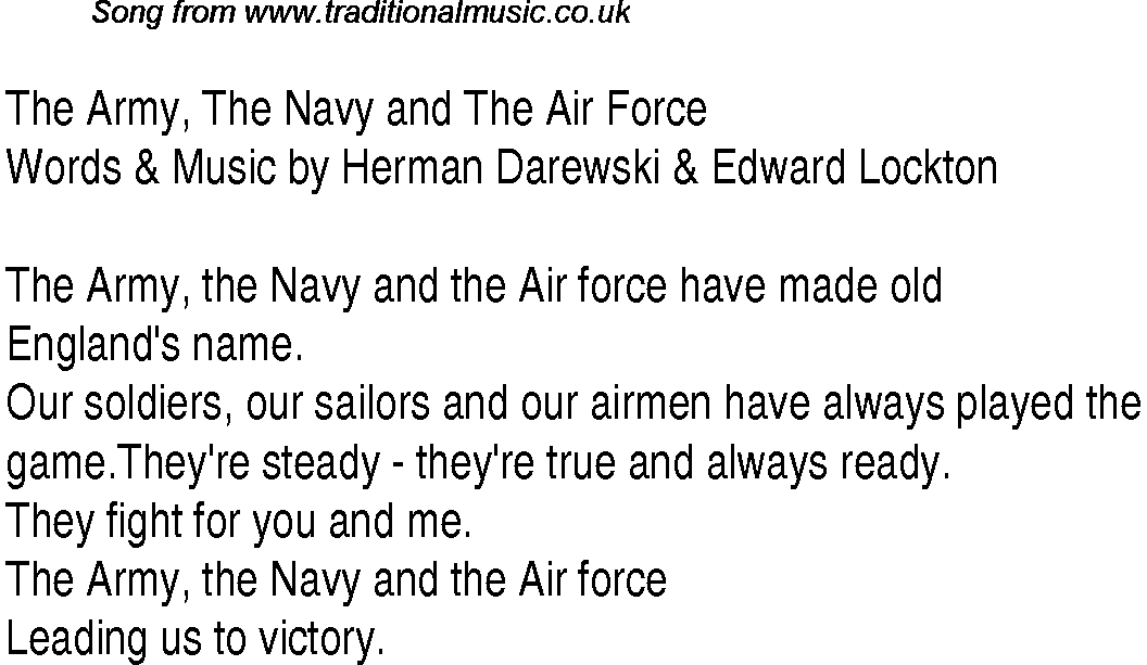 1940s top songs - lyrics for The Army, The Navy And The Air Force