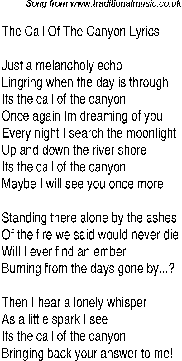 1940s top songs - lyrics for The Call Of The Canyon(Glen Miller)