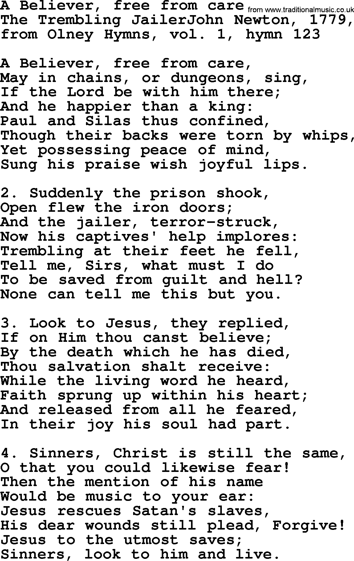 John Newton hymn: A Believer, Free From Care, lyrics