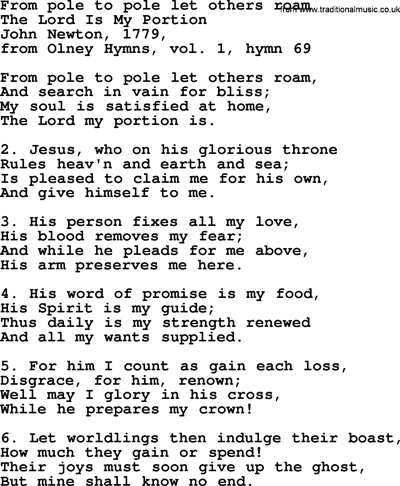 John Newton hymn: From Pole To Pole Let Others Roam, lyrics