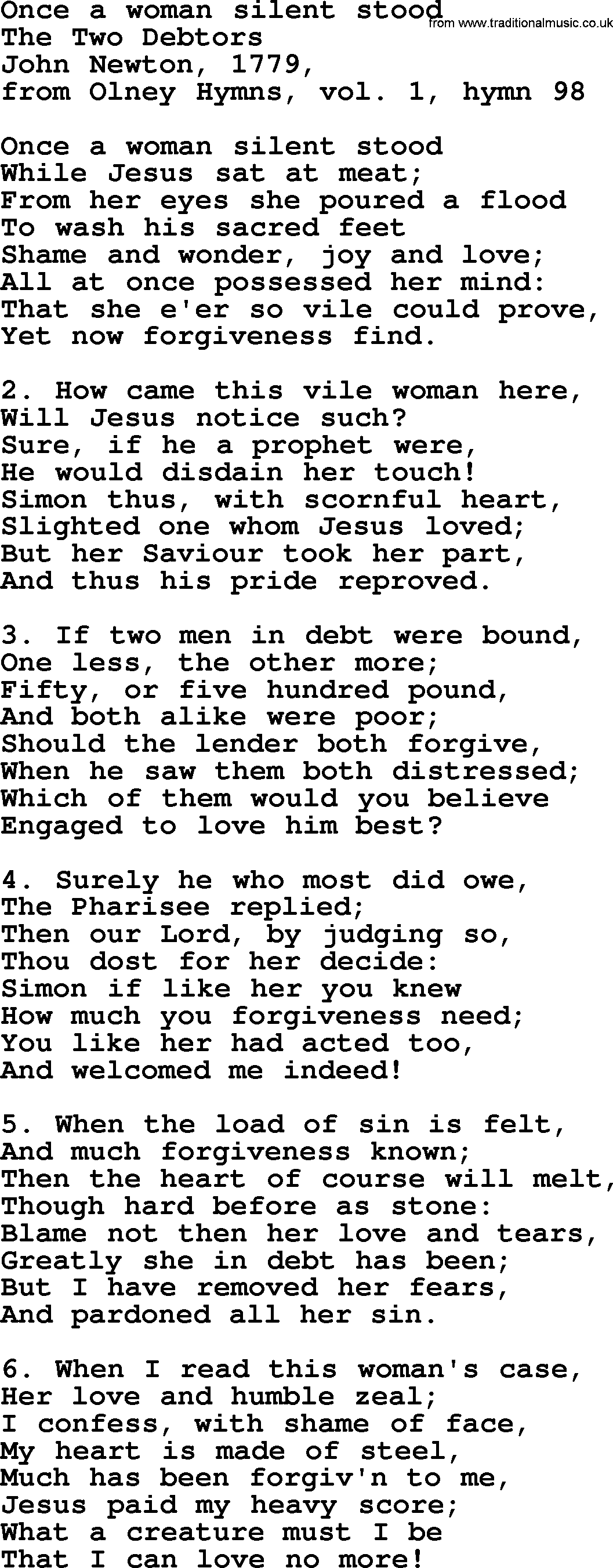 John Newton hymn: Once A Woman Silent Stood, lyrics
