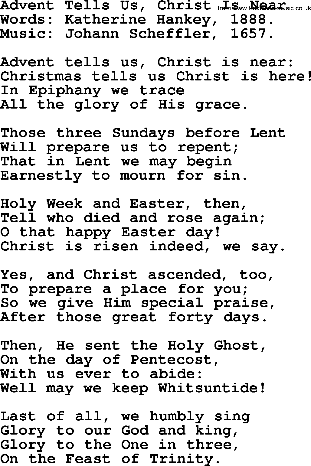 Advent Hymns, Hymn: Advent Tells Us, Christ Is Near, lyrics with PDF