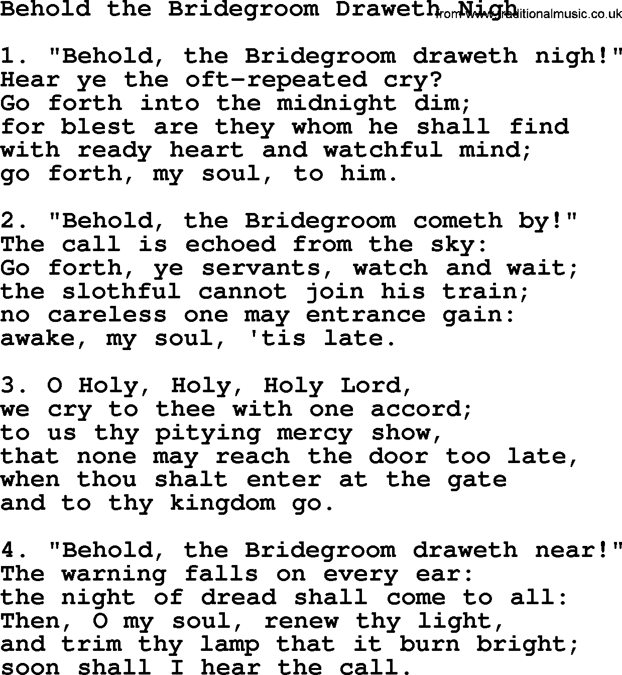 Advent Hymns, Hymn: Behold The Bridegroom Draweth Nigh, lyrics with PDF