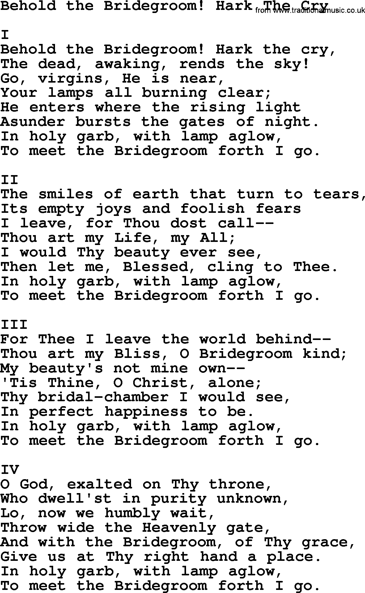 Advent Hymns, Hymn: Behold The Bridegroom! Hark The Cry, lyrics with PDF