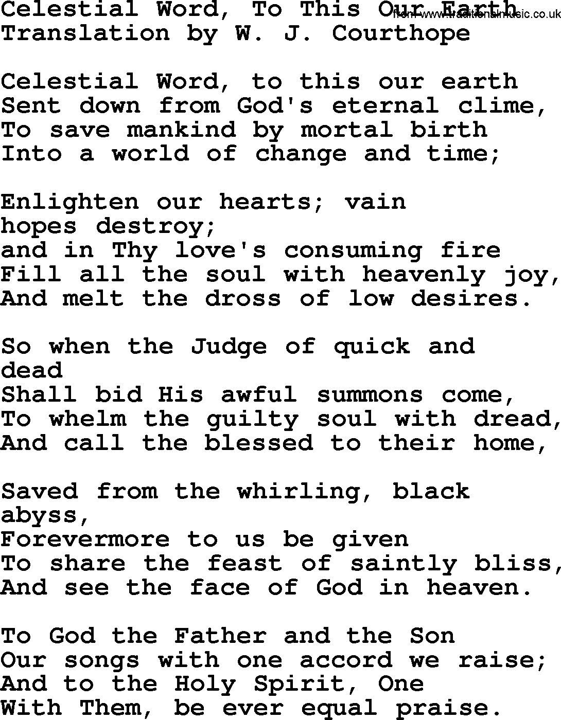 Advent Hymns, Hymn: Celestial Word, To This Our Earth, lyrics with PDF
