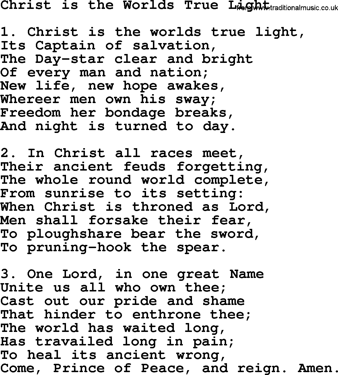 Advent Hymns, Hymn: Christ Is The Worlds True Light, lyrics with PDF
