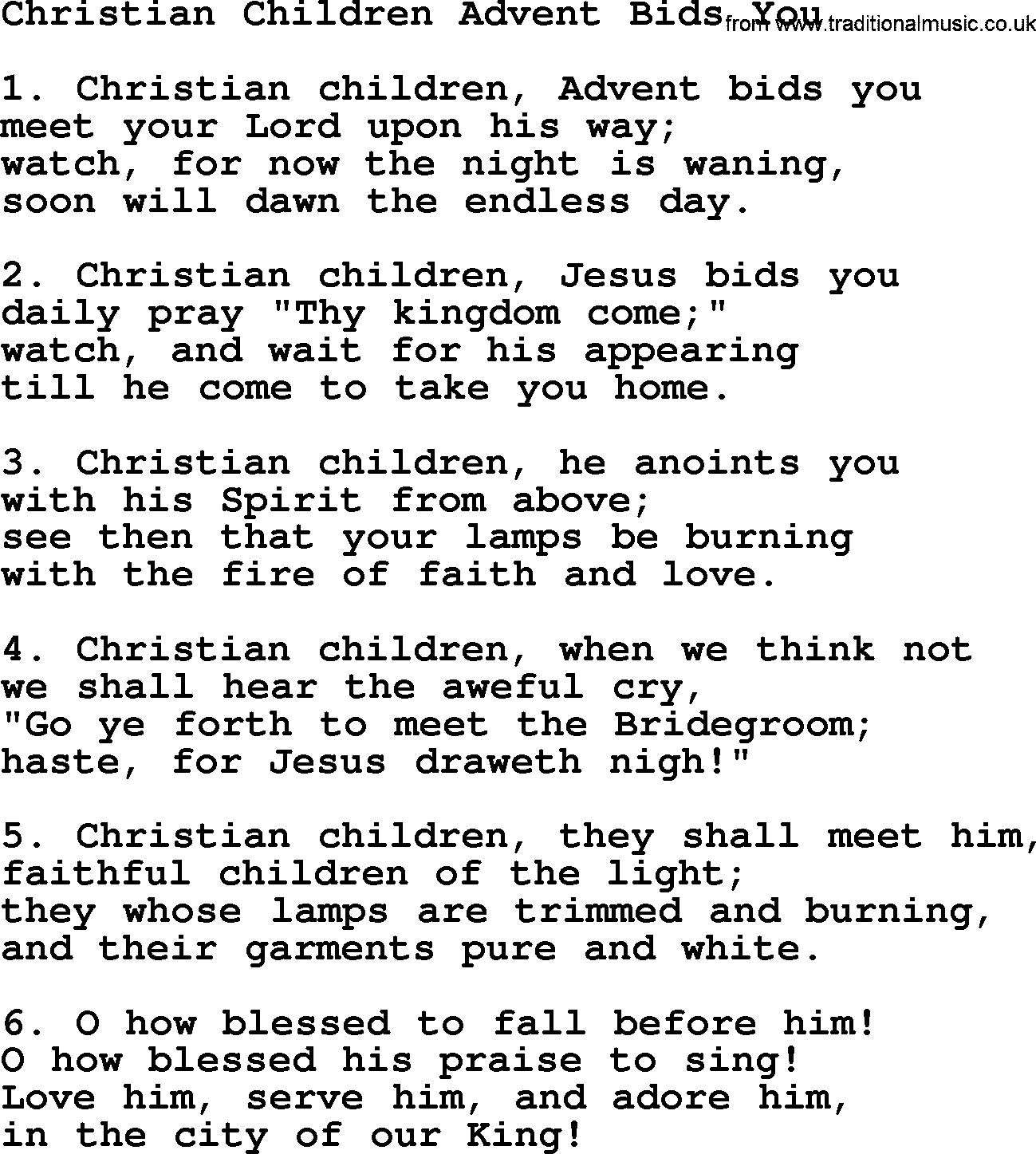 Advent Hymns, Hymn: Christian Children Advent Bids You, lyrics with PDF