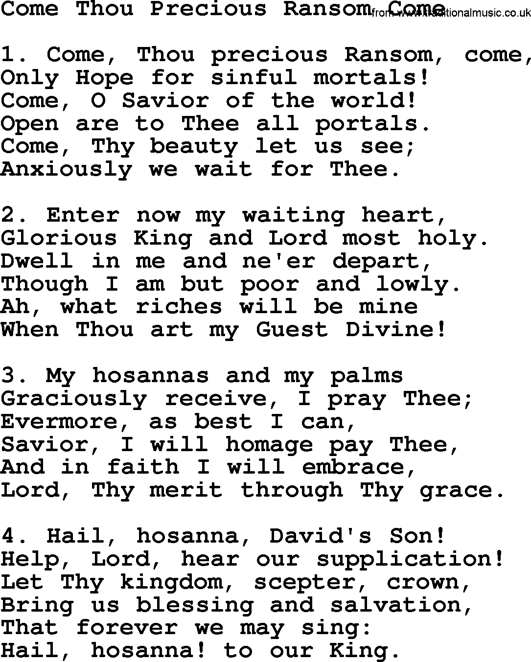 Advent Hymns, Hymn: Come Thou Precious Ransom Come, lyrics with PDF