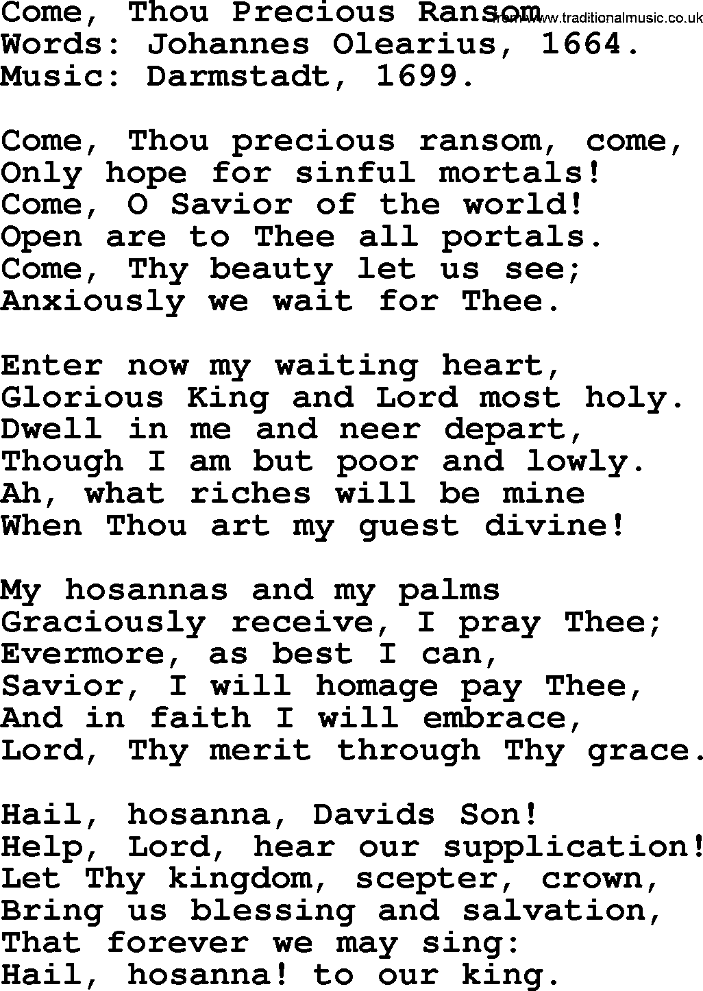 Advent Hymns, Hymn: Come, Thou Precious Ransom, lyrics with PDF