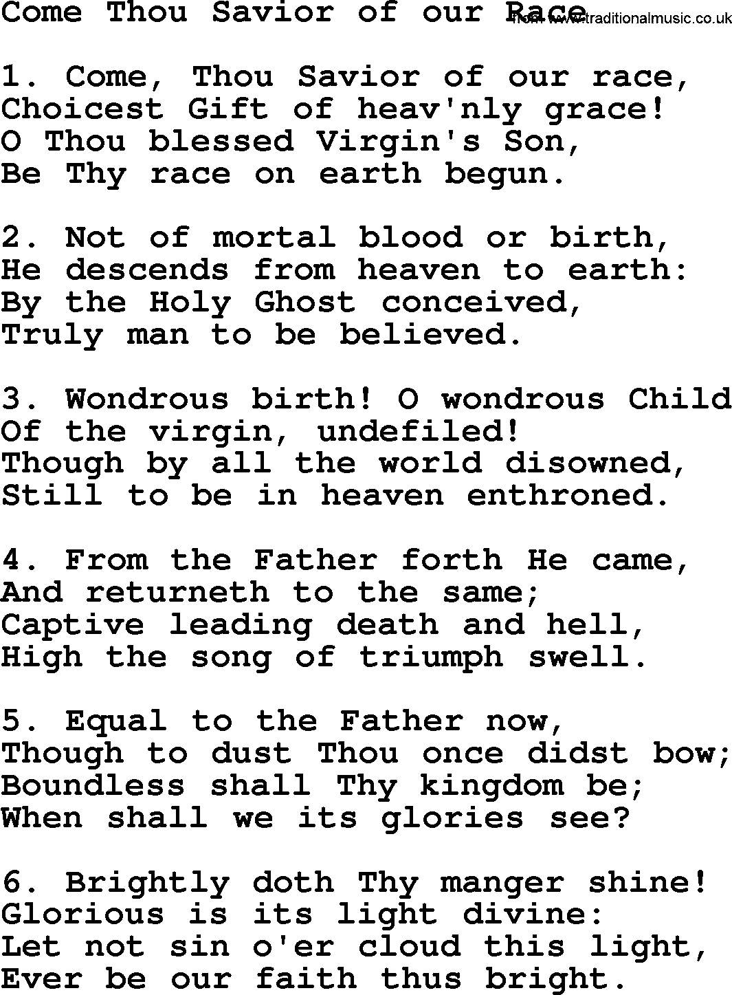 Advent Hymns, Hymn: Come Thou Savior Of Our Race, lyrics with PDF