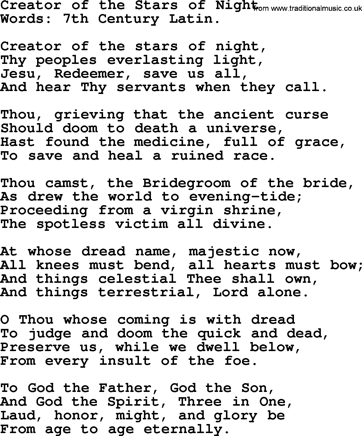 Advent Hymns, Hymn: Creator Of The Stars Of Night, lyrics with PDF