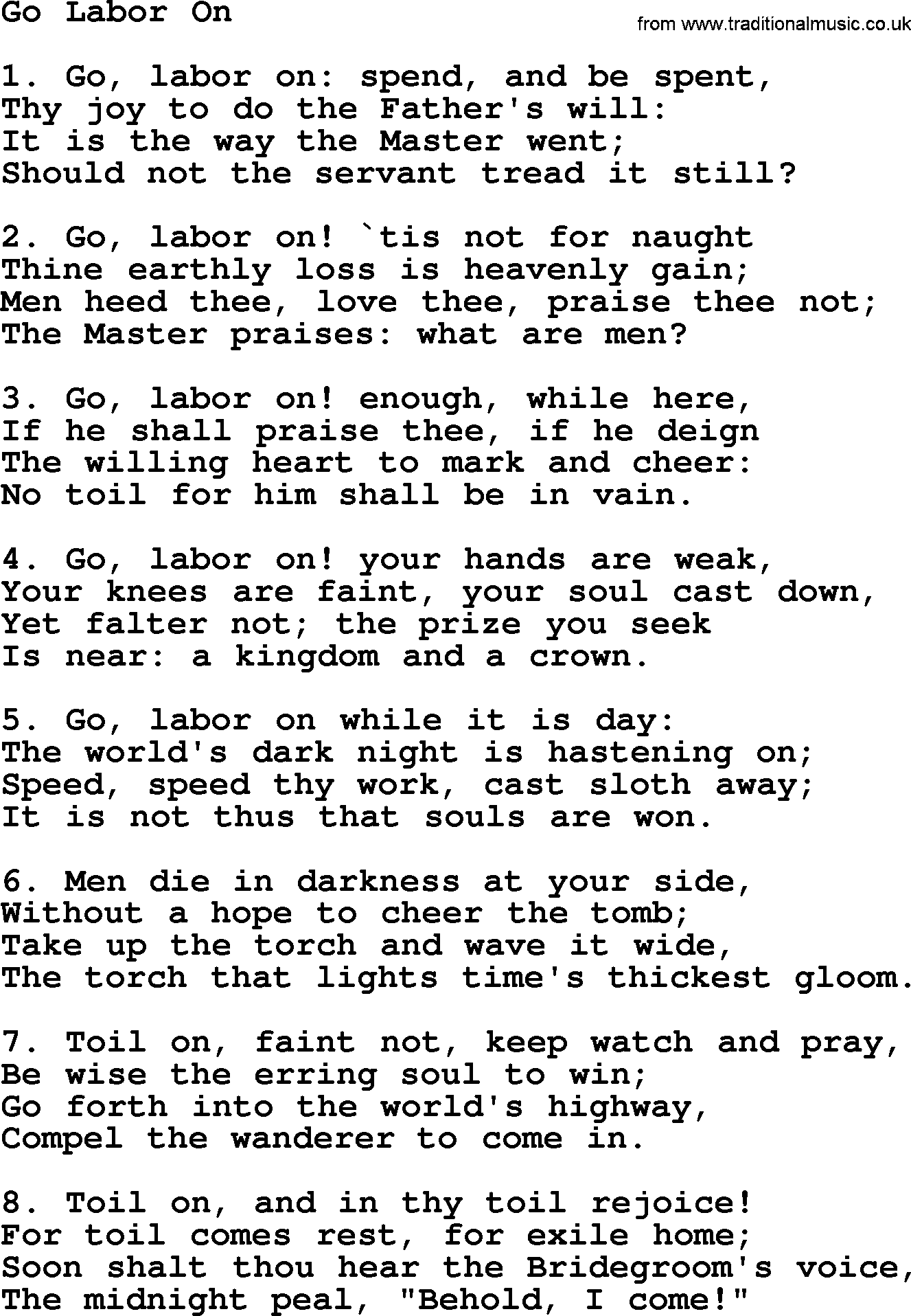Advent Hymns, Hymn: Go Labor On, lyrics with PDF