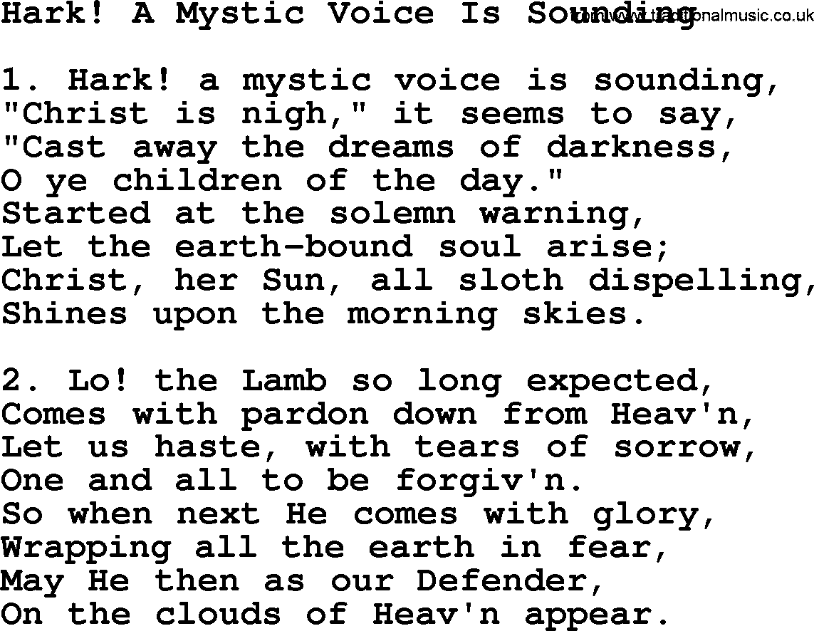 Advent Hymns, Hymn: Hark! A Mystic Voice Is Sounding, lyrics with PDF