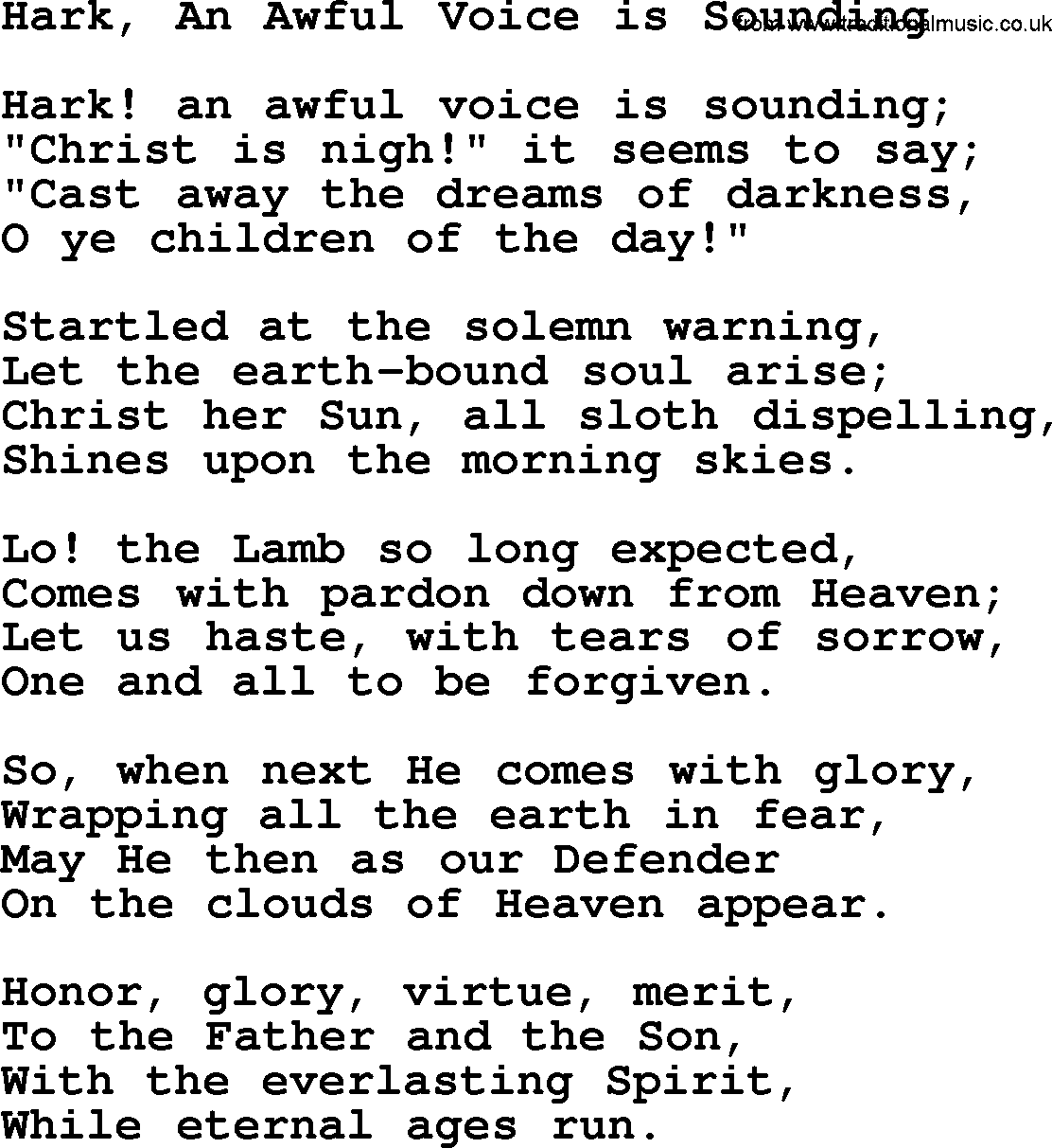 Advent Hymns, Hymn: Hark, An Awful Voice Is Sounding, lyrics with PDF