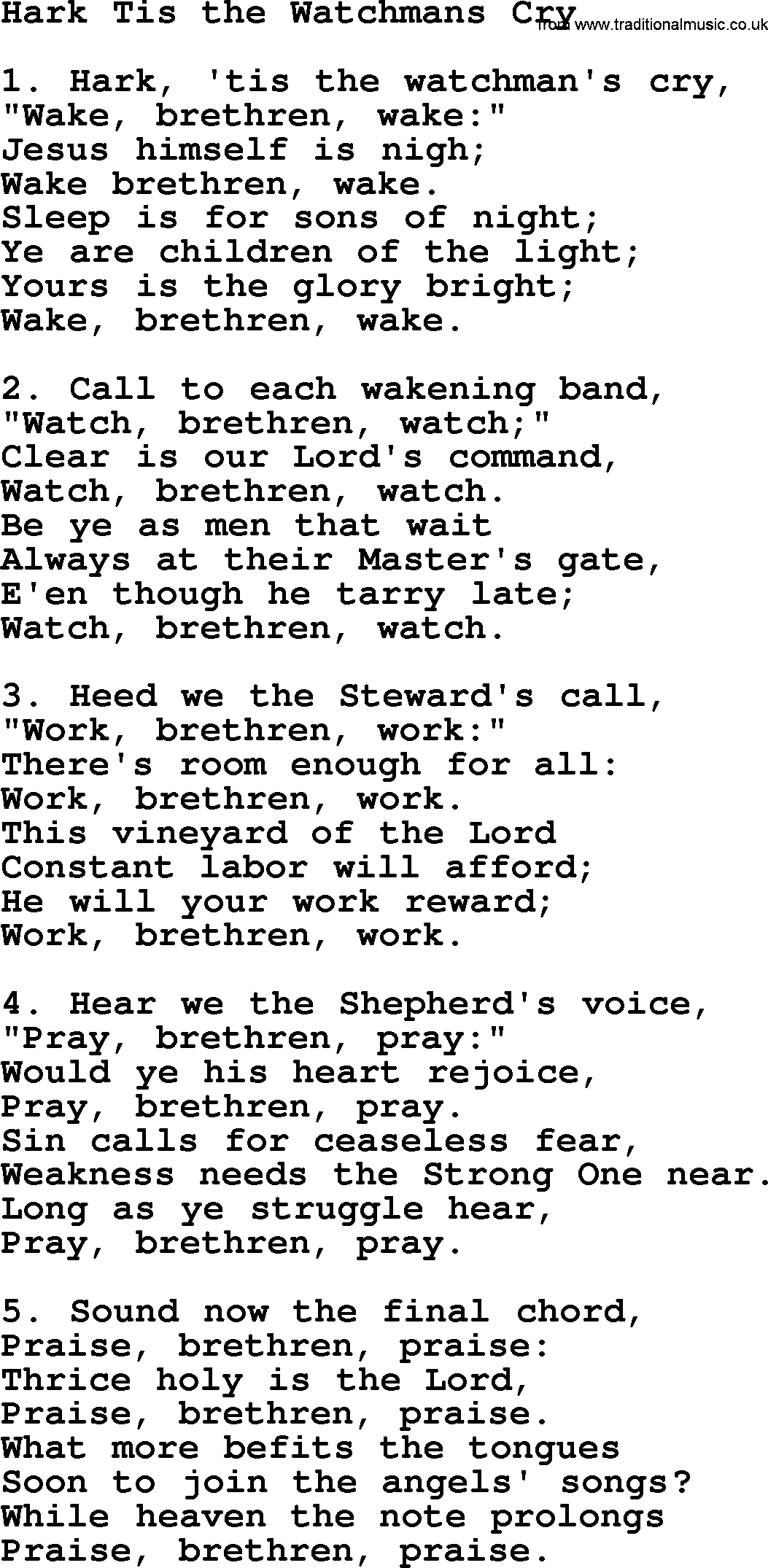 Advent Hymns, Hymn: Hark Tis The Watchmans Cry, lyrics with PDF