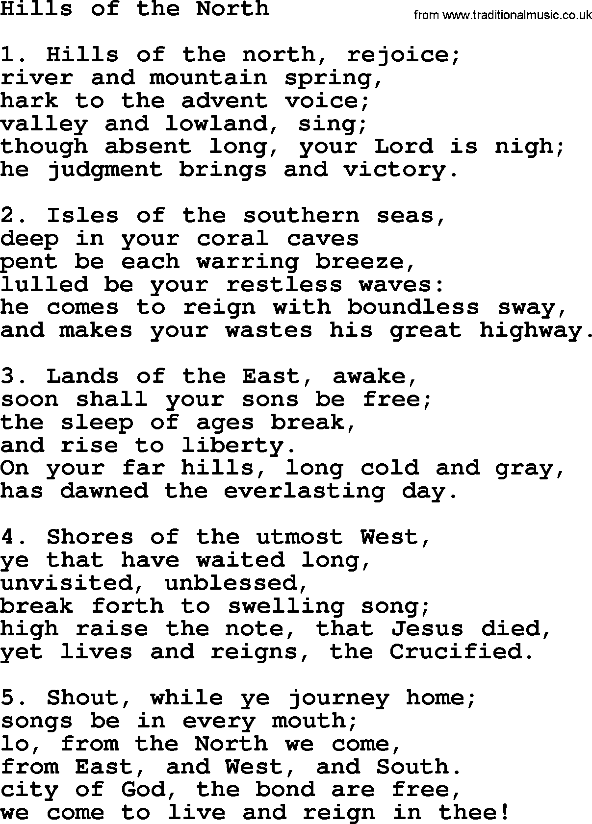 Advent Hymns, Hymn: Hills Of The North, lyrics with PDF
