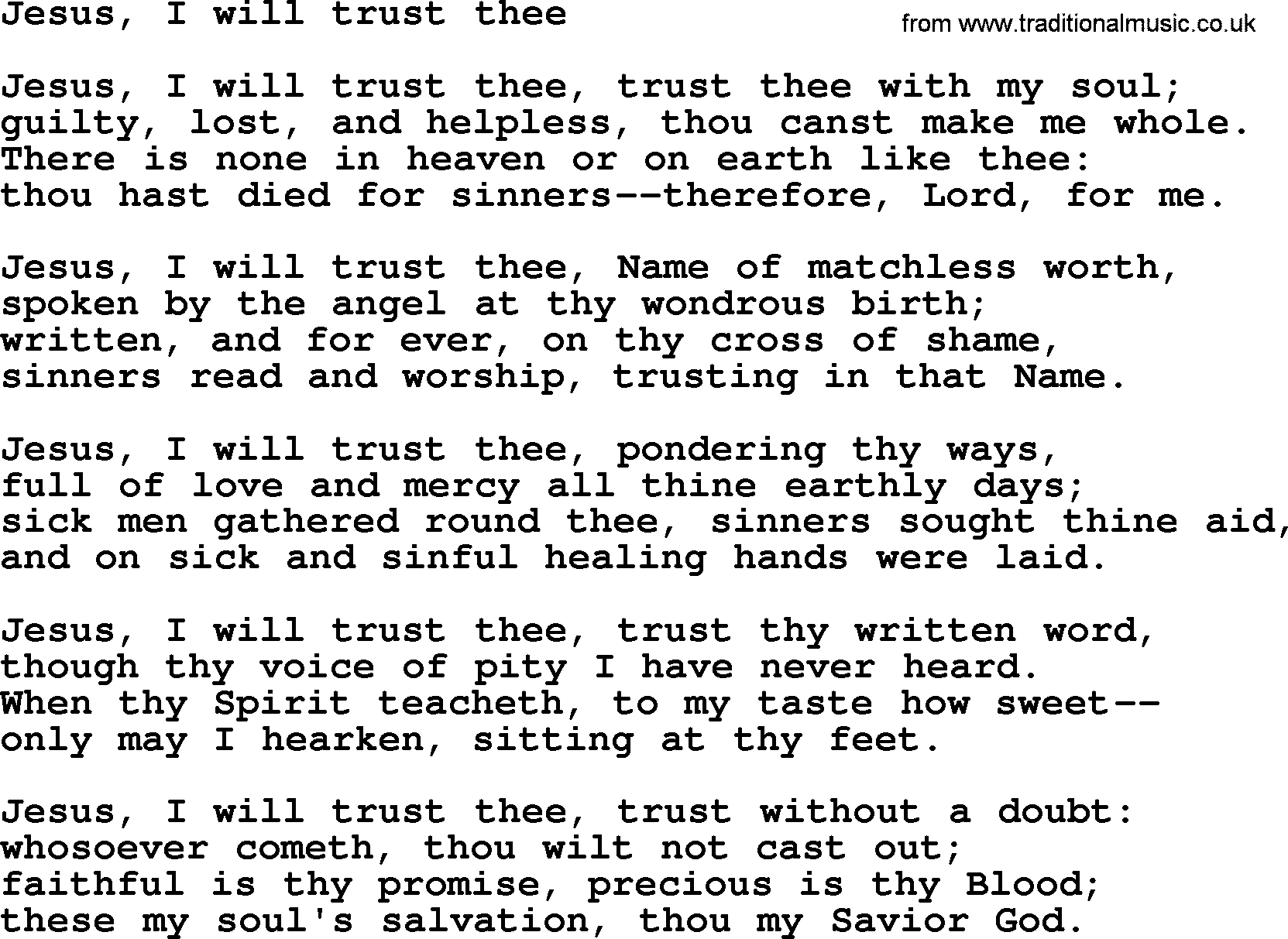 Advent Hymns, Hymn: Jesus, I Will Trust Thee, lyrics with PDF