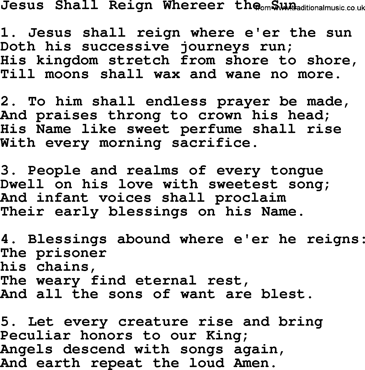 Advent Hymns, Hymn: Jesus Shall Reign Whereer The Sun, lyrics with PDF
