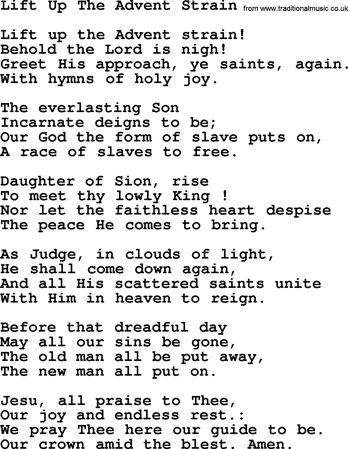 Advent Hymns, Hymn: Lift Up The Advent Strain, lyrics with PDF