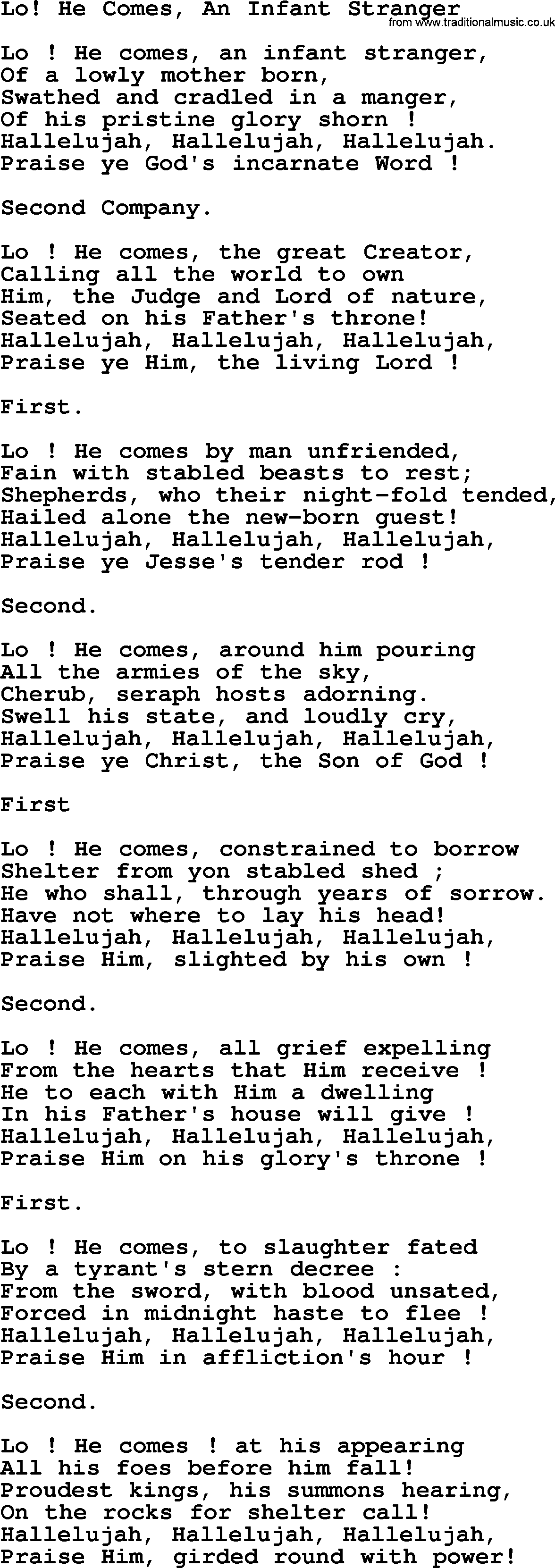 Advent Hymns, Hymn: Lo! He Comes, An Infant Stranger, lyrics with PDF