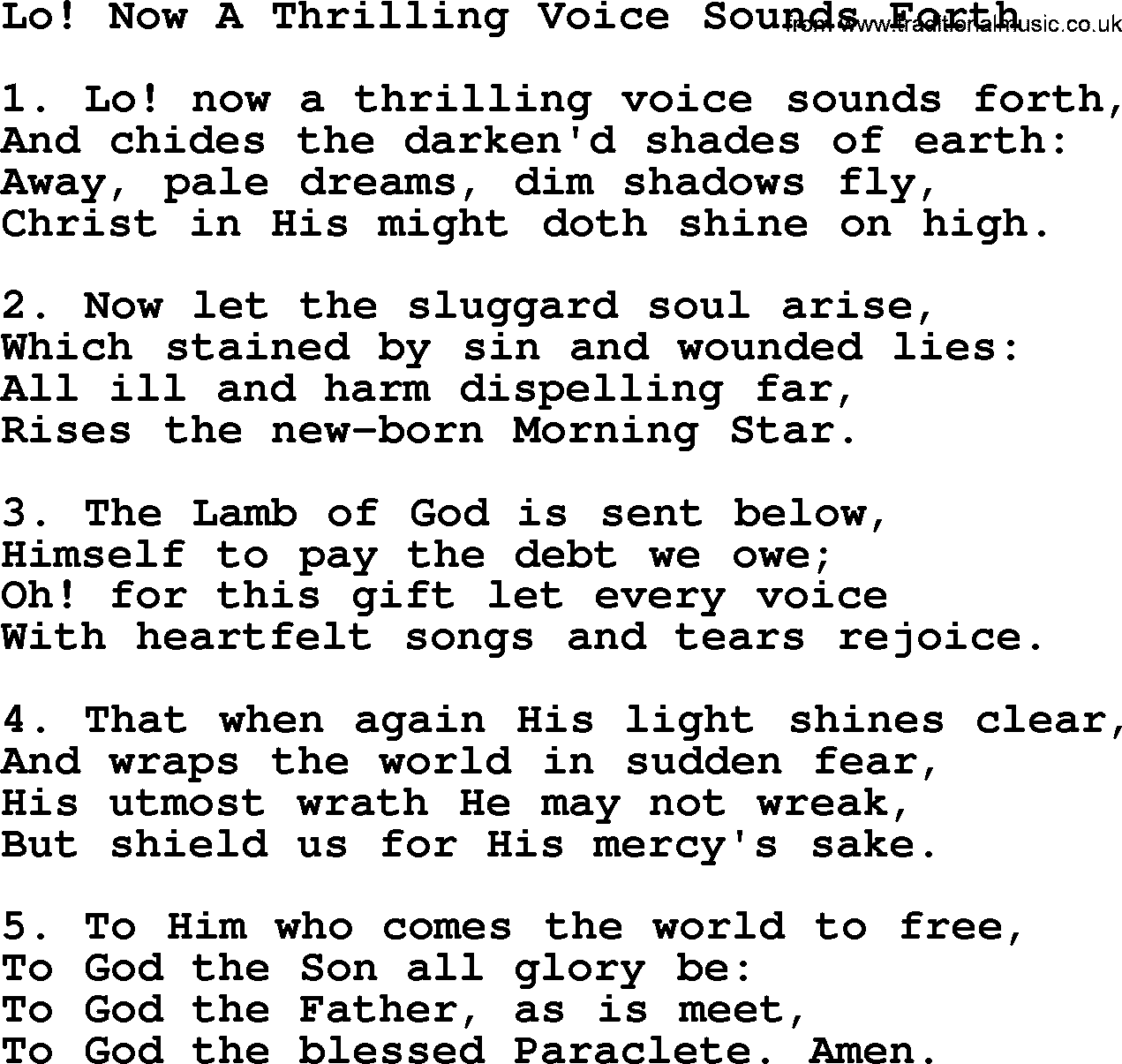 Advent Hymns, Hymn: Lo! Now A Thrilling Voice Sounds Forth, lyrics with PDF