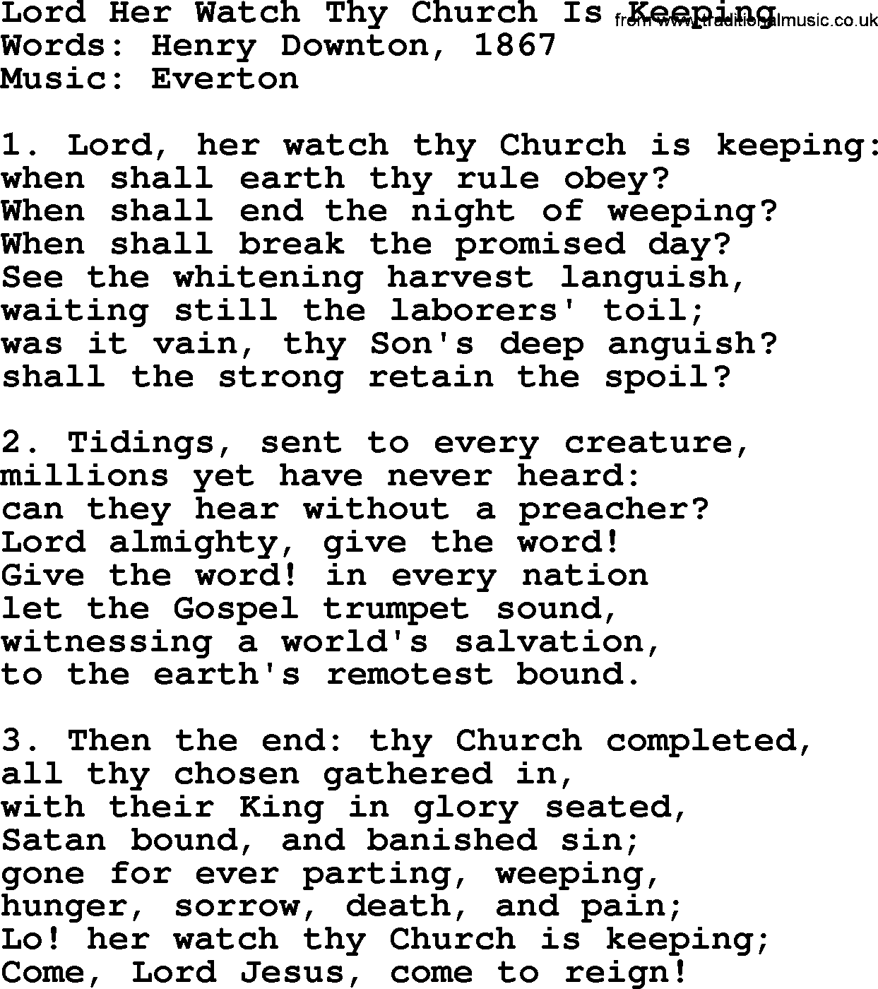 Advent Hymns, Hymn: Lord Her Watch Thy Church Is Keeping, lyrics with PDF