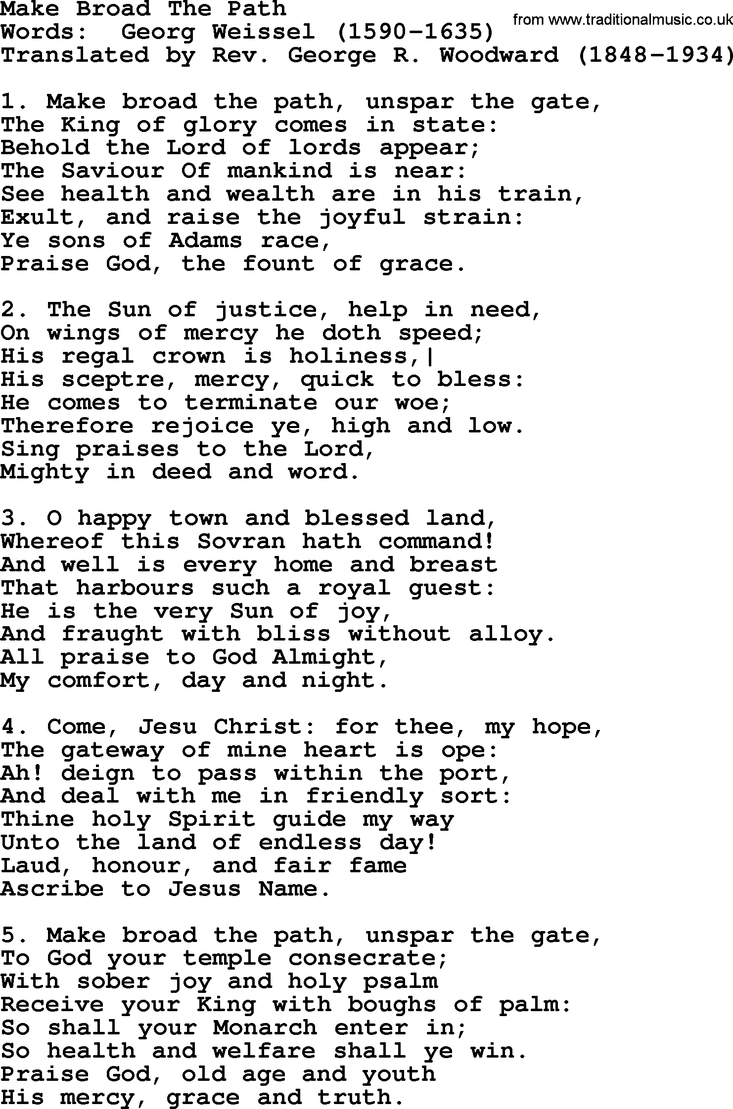 Advent Hymns, Hymn: Make Broad The Path, lyrics with PDF
