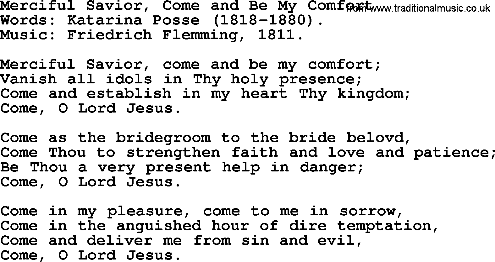 Advent Hymns, Hymn: Merciful Savior, Come And Be My Comfort, lyrics with PDF