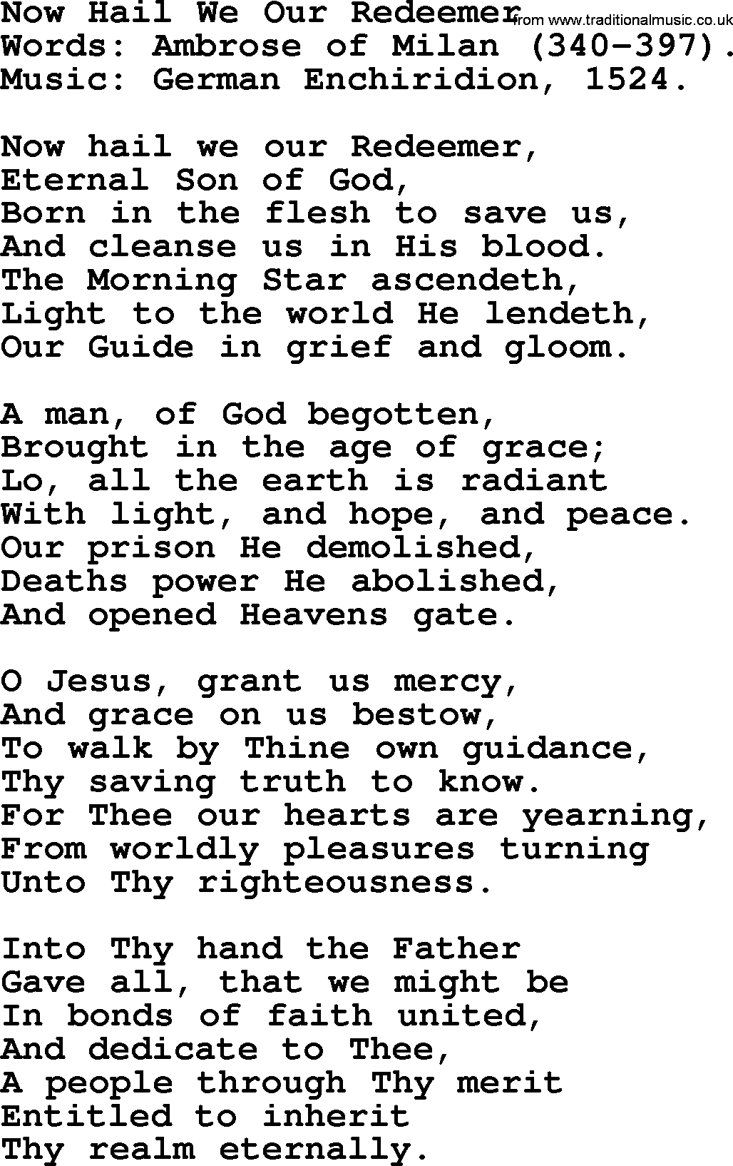 Advent Hymns, Hymn: Now Hail We Our Redeemer, lyrics with PDF