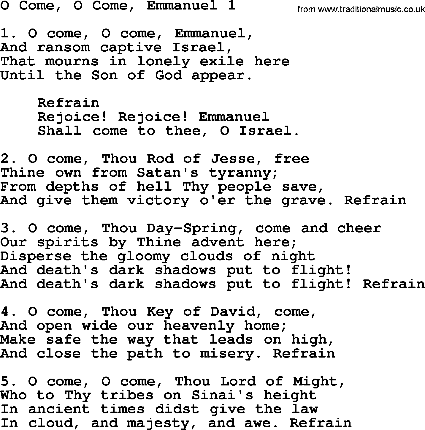 Advent Hymns, Hymn: O Come, O Come, Emmanuel 1, lyrics with PDF